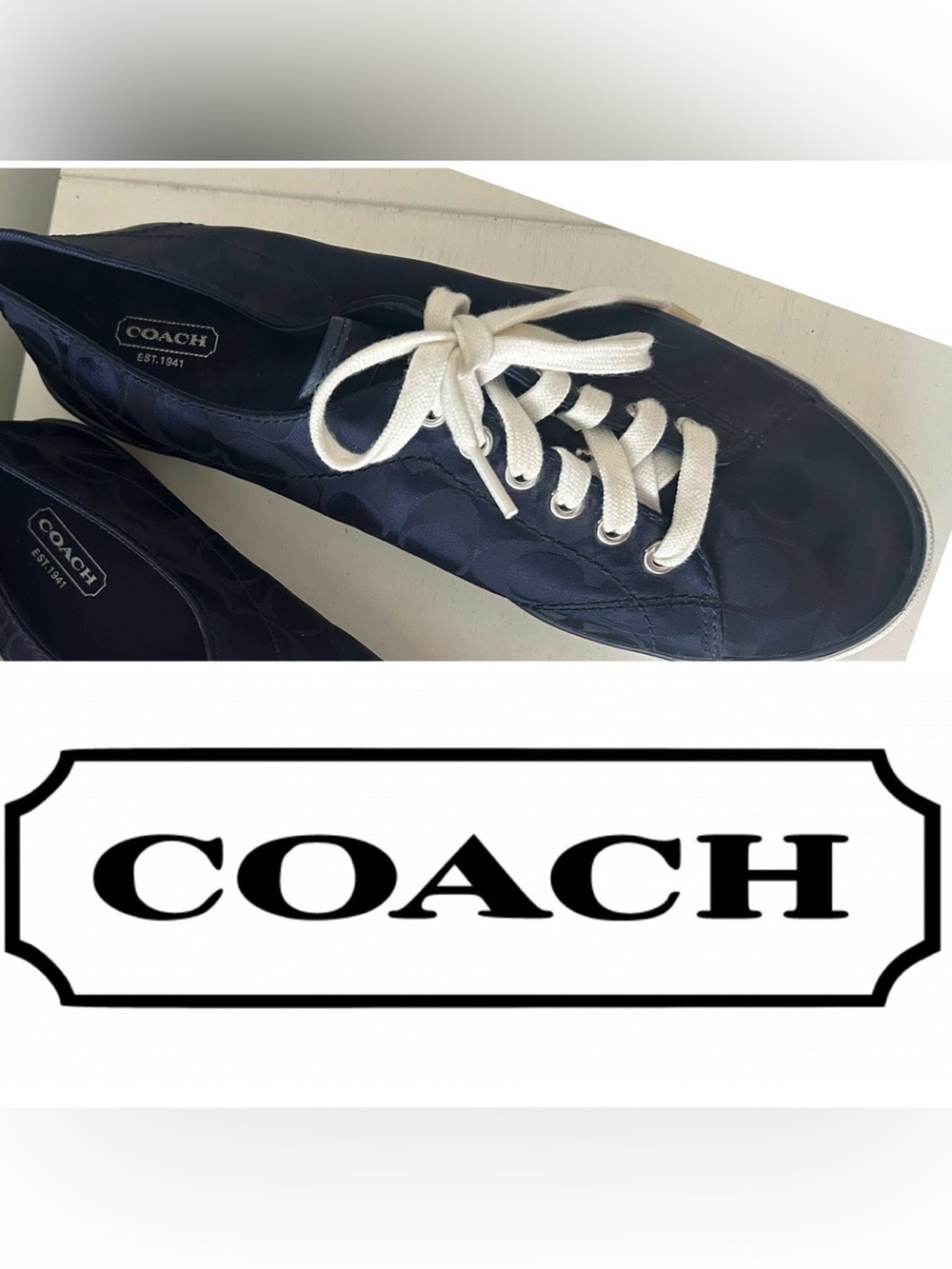 Coach Navy Sneaker With White Tie and Logo